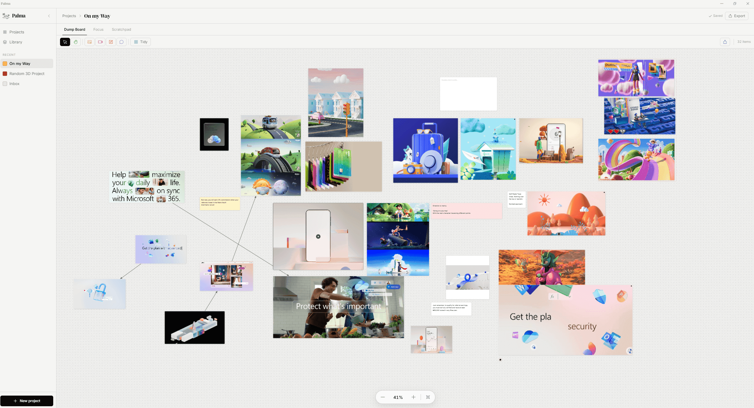 The Palma app: a project's references spread across an infinite Dump Board canvas